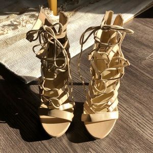 Misguided Tan gladiator platform heels 7.5